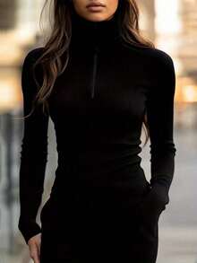 Black High Neck Zip-Up Knit Sweater | Slim Fit, Warm & Stretchy | Minimalist Zip Design, Versatile Layering Piece | Suitable For Office, Commute, Casual Urban, Autumn/Winter - Black - View 3