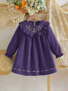 Vestido bordado para niñas, diseño de cuello con volantes y bordado delicado, vestido holgado de manga larga, adecuado para salidas diarias/ocio al aire libre/vacaciones/estilo princesa, primavera/otoño - Morado - Ver 2