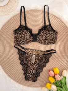 1 Set Women Solid & Leopard Print Lace Front Closure Wireless Thin Cup Comfortable Lingerie Set - Multicolor - View 3