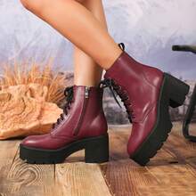 秋冬女士极简主义前系带侧拉链防水厚底粗跟优雅靴，切尔西靴 - 紅色 - 查看 10