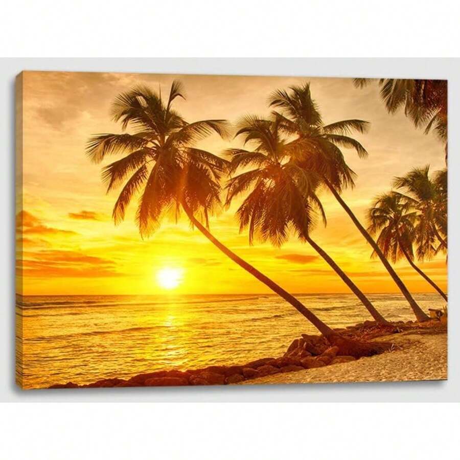 2025 Christmas Canvas Wall Art Print 12" X 16" With Timer | LED Lighted Design - Palm Tree Sunset - View 1