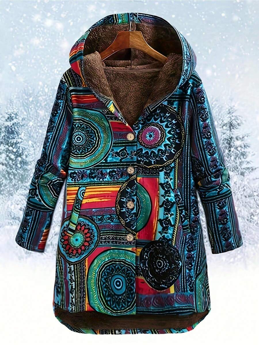 Women's Retro Loose Floral Print Thermal Lined Casual Hooded Jacket - Blue - View 1