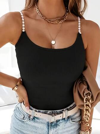 Beaded Strap Solid Color Ribbed Sleeveless Tank Top