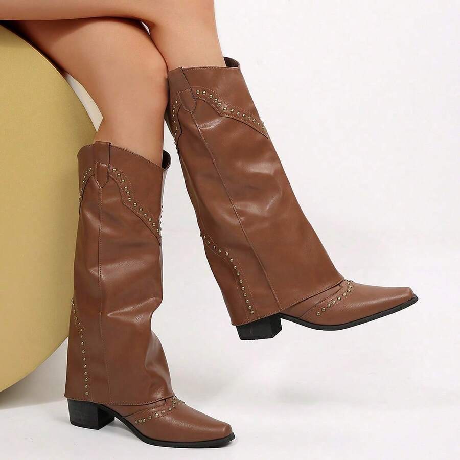 PENNYSUE Women Knee High Boots Pointed Toe Chunky Heel Boots Motorcycle Riding Pull-On Fashion Long Biker Boots For For Spring And Autumn - màu nâu - Xem 1