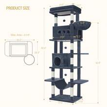 HEXCELEN 82.7-Inch Cat Tree, Large Cat Tower For Indoor Cats, Condo With Perch, Cat House Furniture With 2 Caves, 8 Scratching Posts, Hammock, Pompoms, Washable Cushion, Dark Gray - Màu xám đen - Xem 6
