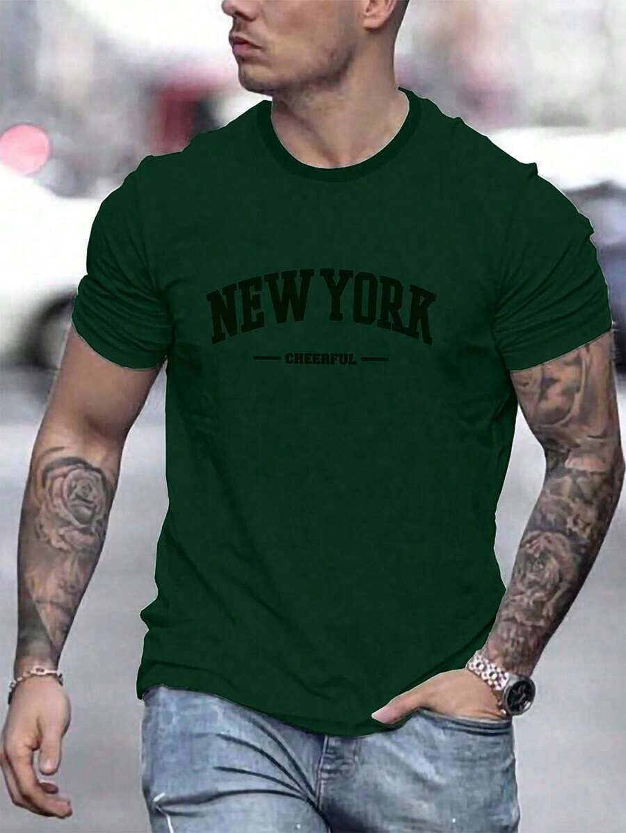 Men's Letter Print T-Shirt - Green - View 1