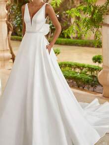 Elegant V-Ncek Beaded Satin Wedding Gown - Perfect For Christmas, Halloween, Weddings, Proms & Birthdays - trắng - Xem 6