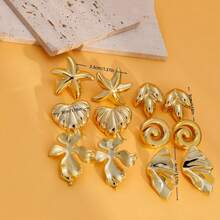 6 perechi de cercei pentru femei, din aur, cu model geometric neregulat, la modă, CCB, transfrontalier european și american, cu stil retro și simplu, cercei cu elemente de frunze de arțar și inimă de stea de mare, potriviți pentru festivaluri zilnice, întâlniri, banchete și cadouri de înaltă calitate pentru prieteni și mame - Aur 1 - Vizualizare 2