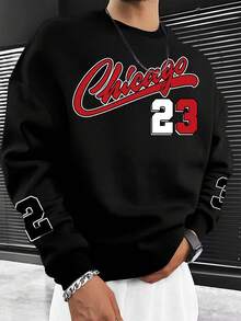 Zrgoth Herren Herbst/Winter Neuheit Preppy Stil Buchstaben & Zahlen Grafik Muster Rundhals Sweatshirt - Schwarz - Übersicht 1