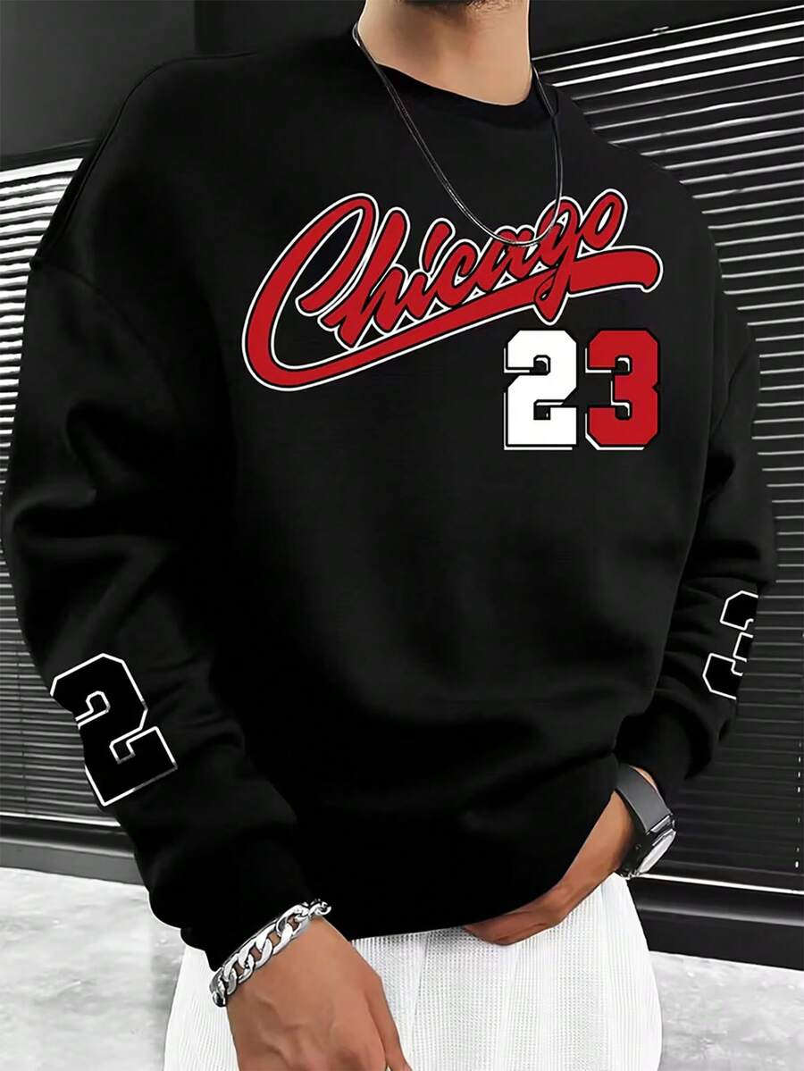 Zrgoth Herren Herbst/Winter Neuheit Preppy Stil Buchstaben & Zahlen Grafik Muster Rundhals Sweatshirt - Schwarz - Übersicht 1