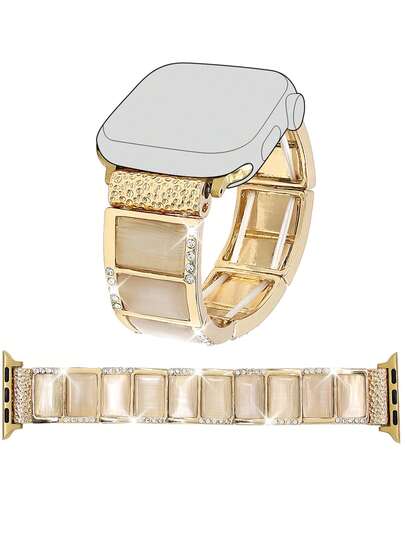 1pc able Cat's Eye Stone Metal Bracelet Strap Compatible Apple Horloge 38mm 40mm 41mm 42mm 44mm 45mm 49mm (S10 42)Mm 46)Mm Women,Luxurious Elegante Rhinestone Elastic Iwatch Series Ultra S10 SE 1, Mother's Day,