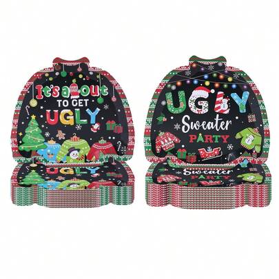 10pcs/20pcs/40pcs/50pcs,Black Ugly Sweater Party Decorations Ugly Sweater Shaped Paper Plates Merry Christmas Party Decorations Winter Holiday Christmas Family Party Birthday Party Disposable Dinner Clothes Plates