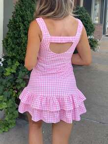 Women's Summer Gingham Mini Dress Y2k Plaid Spaghetti Strap Babydoll Dress Cute Sleeveless V Neck Going Out Outfits - Hồng - Xem 4