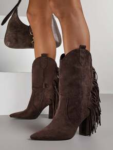 Cowboy Boots With Fringe Heels For Daily Wear - Brown - View 2