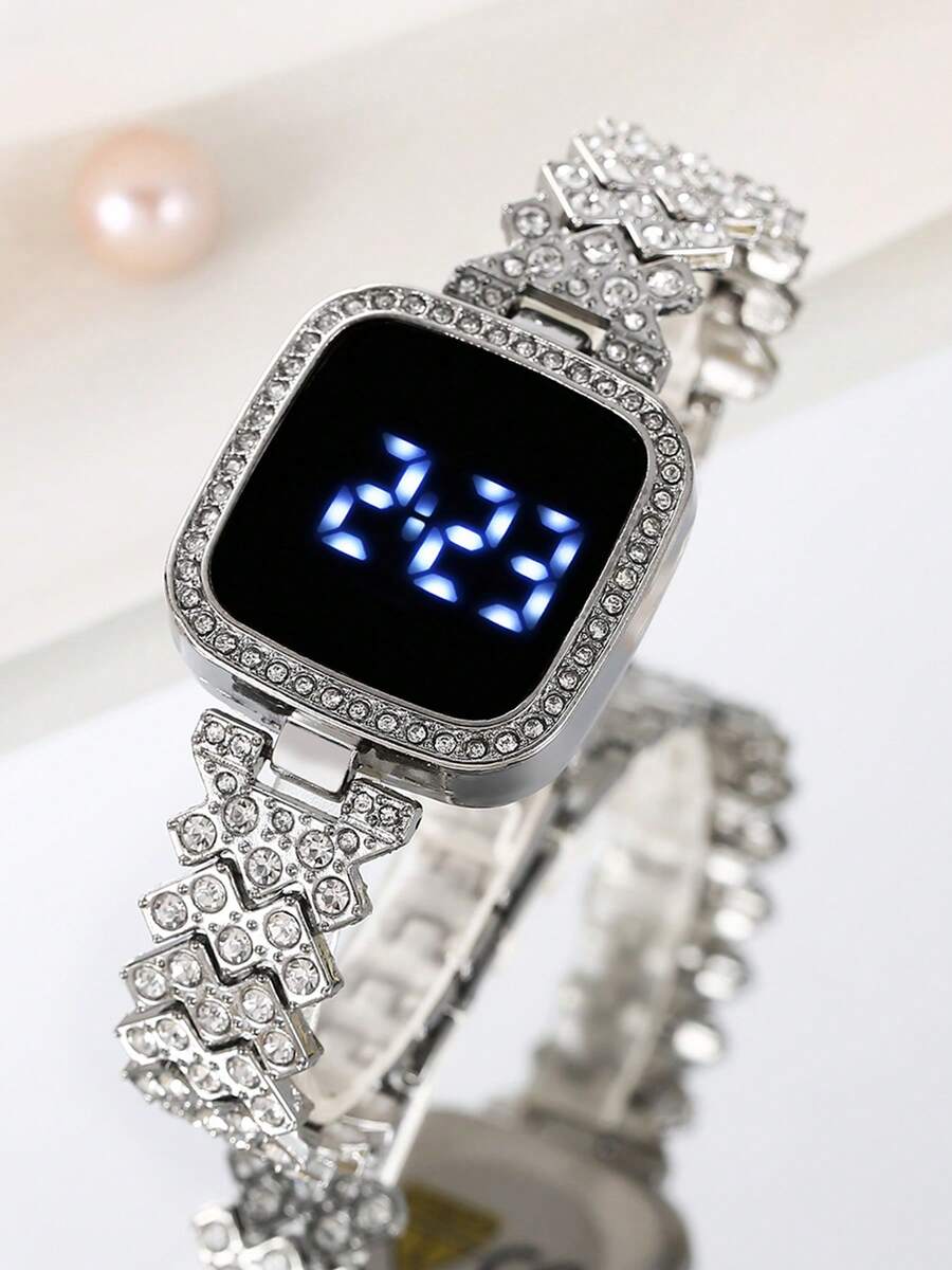 LED Touch Screen Electronic Watch Luxury Rhinestone Digital Bangle Cuff Wrist Watch For Women Girls - Silver - View 1