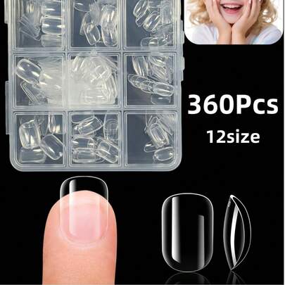 360Pcs Middle Kids Clear Press On Nails,Short Oval Clear Nail Tips ,For Little Girls Full Cover Children Fake Nails Decoration ,12 Sizes Artificial Acrylic Soft Gel Nail Tips,For Easy DIY Nail Tips Art Nail Supplies
