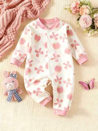 1件装新生女婴连体衣，粉色草莓图案，长袖连体衣，适合所有季节