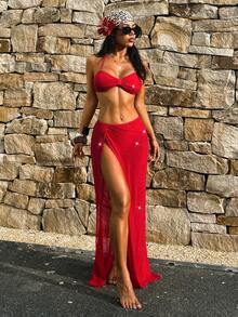 PEPPERMOLLY Women's Red Glitter Bandeau Bikini 3 Pieces Set, Includes Slit Sarong Skirt - Suitable For Pool Party, Beach Holiday Outfit - Red - View 4
