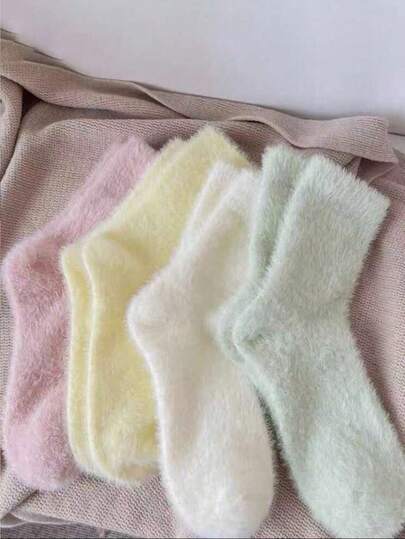 4pairs Women's Solid Color Faux Fur Warm Crew Socks, Fuzzy Cozy Lined Soft Thicken Socks For Fall/Winter