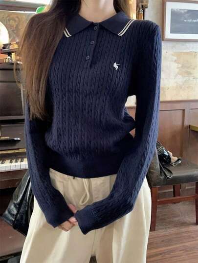 Suéter de manga larga con cuello polo de unicolor, estilo coreano casual, elegante, digno y anticuado de Vera Lane