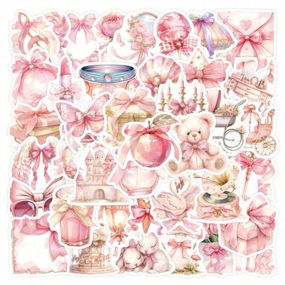 60张粉色美学涂鸦贴纸，可用于装饰水瓶、头盔、行李箱、自行车、滑板等。