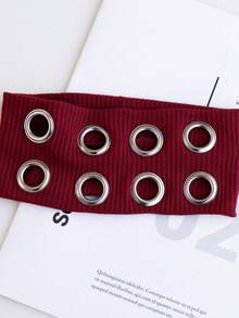 1pc Punk Girl Hollowed Out Eyelets Wide Elastic Headband Stretchy Metal Rock Steampunk For Sports Casual Headbands Hair Accessories Winter Scarf - 紅色 - 查看 2