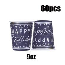 10/20/40/60 件，9 盎司海军蓝和银色生日派对杯，一次性闪光铝箔饮料热冷点咖啡茶杯，适用于生日婚礼新娘送礼会节日周年派对礼品 - 生日快乐装饰 - 藍色 - 查看 10