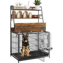 Caseta para perros de 145 cm con estantes y bandeja extraíble, caseta para perros de interior con 2 puertas y 2 comederos ajustables. - Marrón - Ver 6
