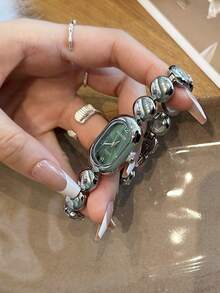 1pc Oval Bamboo Strap Women's Watch, Adjustable Gold-Tone Band, Elegant & Versatile Quartz Wristwatch, Suitable For Daily Wear, An Ideal Daily Matching Gift - Silver - View 3