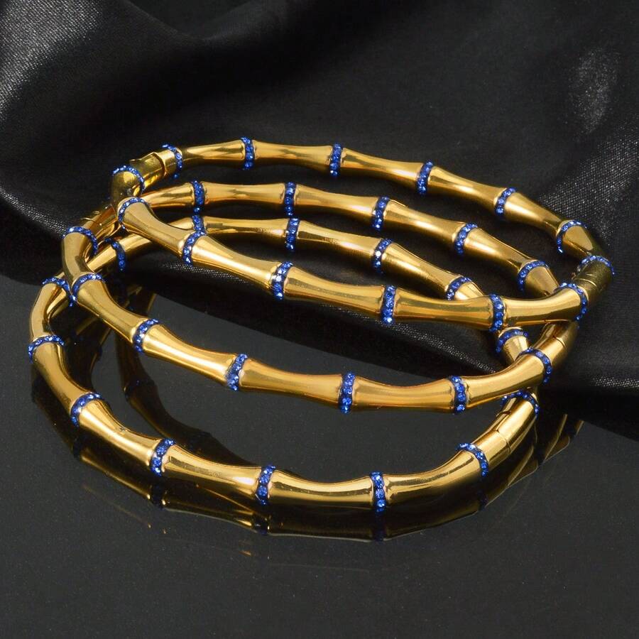 3件套18K幸运蓝宝石竹节不锈钢手链套装，时尚经典首饰，适合女性日常佩戴、参加派对、度假、送礼，四季皆宜。 - 寶藍色 - 查看 1