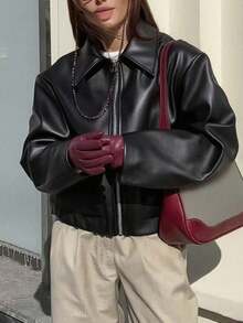 1pc Women's Solid Color Fashionable Loose Matte Leather Jacket Coat, Autumn/Winter