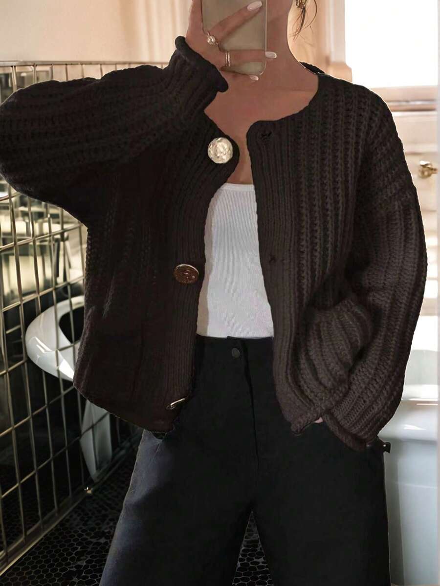 Blusa casual de manga larga con botones delanteros de unicolor para mujer de talla grande, suéter de punto para otoño/invierno