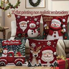 4 piezas Fundas de cojín impresas en terciopelo 2D con diseños navideños de Papá Noel, renos y árbol de Navidad, de 18" X 18", adecuadas para sala de estar, dormitorio, sofá, cama, decoración exterior. No incluye relleno de cojín (no es bordado real)