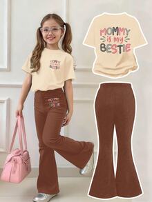 Toddler Girls' Letter Print Short Sleeve Top And Skinny Flared Pants Set - Apricot - View 1