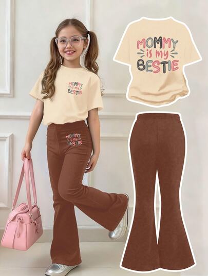 Toddler Girls' Letter Print Short Sleeve Top And Skinny Flared Pants Set