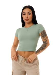 Women's Cropped Gym Top, Short Sleeves, Stylish In Supplex Fabric, For Everyday Wear, Training, Running. - 薄荷綠 - 查看 1