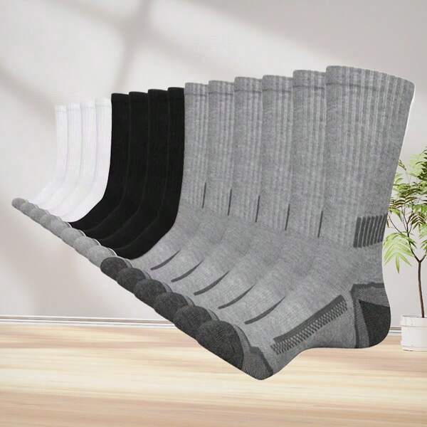10/15 Pairs Sports Enthusiast Frenzy! High Elasticity Support Sports Socks, Men's Black, Grey, White Mid-Calf Socks, Comfortable For Running & Fitness, Multi-Pack Value Set