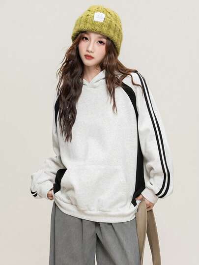 Sudadera con capucha de estilo patchwork y rayas de contraste, ropa deportiva casual para uso al aire libre para mujeres