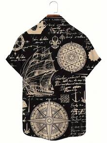 Men Plus Size Tropical Button-Up Shirt With Chest Pocket Design, Lightweight Non-Stretch Fabric Suitable For Beach Vacation Casual Wear , Hawaiian Party , Easy Care Summer, Hawaiian Themed Party Beach Attire, Tropical Print Breathable Fabric Vacation Short Sleeve Durable Construction Vacation Wardrobe, Vacation Style, Breathable Material, Vacation Wardrobe Essential, Vacation Wear Enthusiast, Tropical Vacation - Black - View 3
