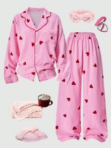 2pcs Elegant Pajama Set, Including A Pink Heart Striped Top And Pants, Suitable For Girls To Wear In Spring, Autumn And Winter. Made Of Comfortable Fabric With Lapel Button Design, Perfect For Daily Wear, Parties, Holidays, Valentine's Day And Casual Occasions. - Baby Pink - View 4