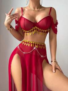 Conjunto de 3 piezas Vestido largo con abertura, cadena con borlas y hojas doradas de estilo sexy y de malla - Rojo - Ver 3