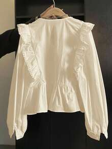 ii 休闲纯色蕾丝拼布荷叶边长袖衬衫