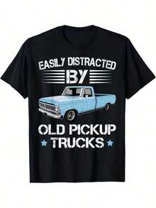 Camiseta de camioneta vintage 100% algodón, camiseta gráfica de camioneta vintage - fácilmente distraído por el diseño de camionetas antiguas, estilo casual y deportivo para hombres, perfecta para Halloween, Navidad, Día de San Valentín y aventuras al aire libre - Negro - Ver 2