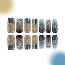 1 Box Of 24 Medium-Length Ballet-Style False Nails, Warm Winter Blue Gradient 3D Embossed Snowflake Design, Suitable For Women's Christmas Daily Nail Art Decoration Art - 藍色 - 查看 6