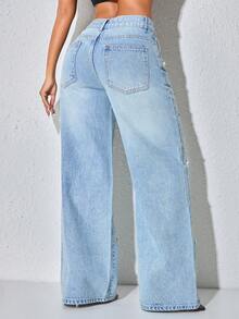 Pearl Decor Low Waist Wide Leg Casual Blue Jeans With Slant Pockets For Women Spring - Blue - View 2