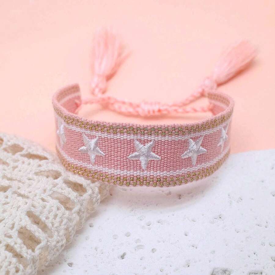1pc Handmade Embroidered Pentagram Bracelet - Baby Pink - View 1