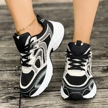 Women's Spring And Autumn Sports Shoes Black Shoes Leather Mesh Stitching Breathable Lightweight Comfortable Lace-Up Women's Shoes Shoes For Women - 黑 - 查看 5
