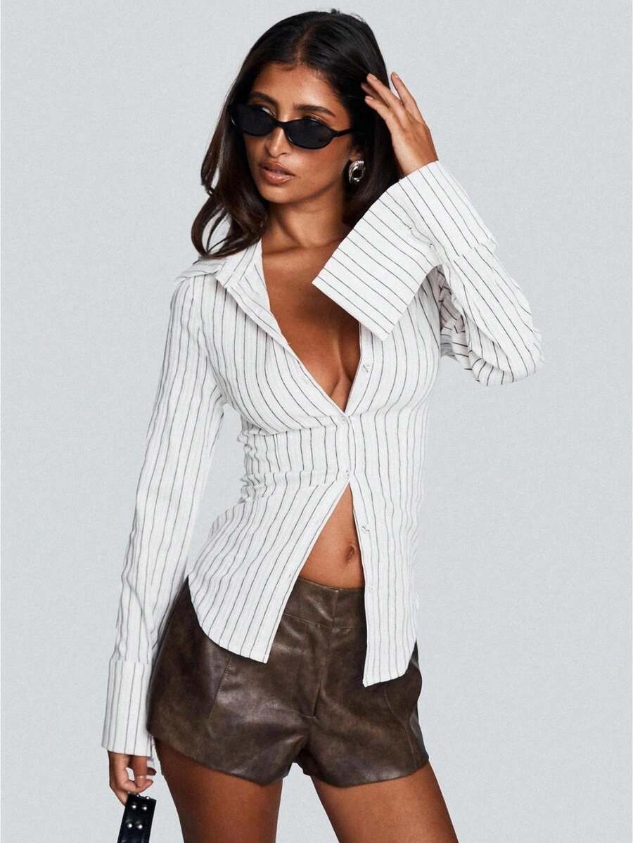 Y2K Button Down Shirts For Women Casual Long Sleeve Slim Fit Ruched Work Blouse Tops Going Out Crop Tops - trắng - Xem 1