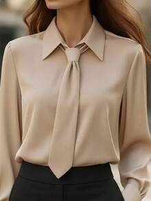 Women's Elegant Solid Color Bow Tie Design Long Sleeve Blouse - Structured For Office, Suitable For Professional And Formal Attire - Màu Khaki - Xem 3