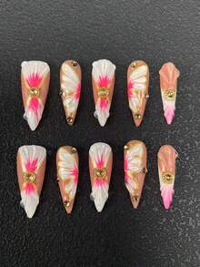 10 bucăți de unghii lucrate manual, flori, presare, unghii cu toc înalt subțire de 33 mm, gradient de unghii, pictate manual, tehnologie de sculptură tridimensională multicoloră, decorare multicoloră, insecte, multifuncționale, potrivite pentru femei, trei mărimi disponibile, potrivite pentru diverse ocazii, petreceri, dans și uz zilnic. - Multicolor - Vizualizare 1